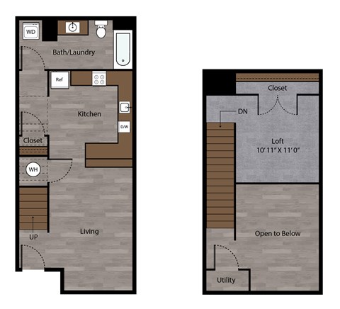 Floor plan for studio, 1 bath, 677 sqft